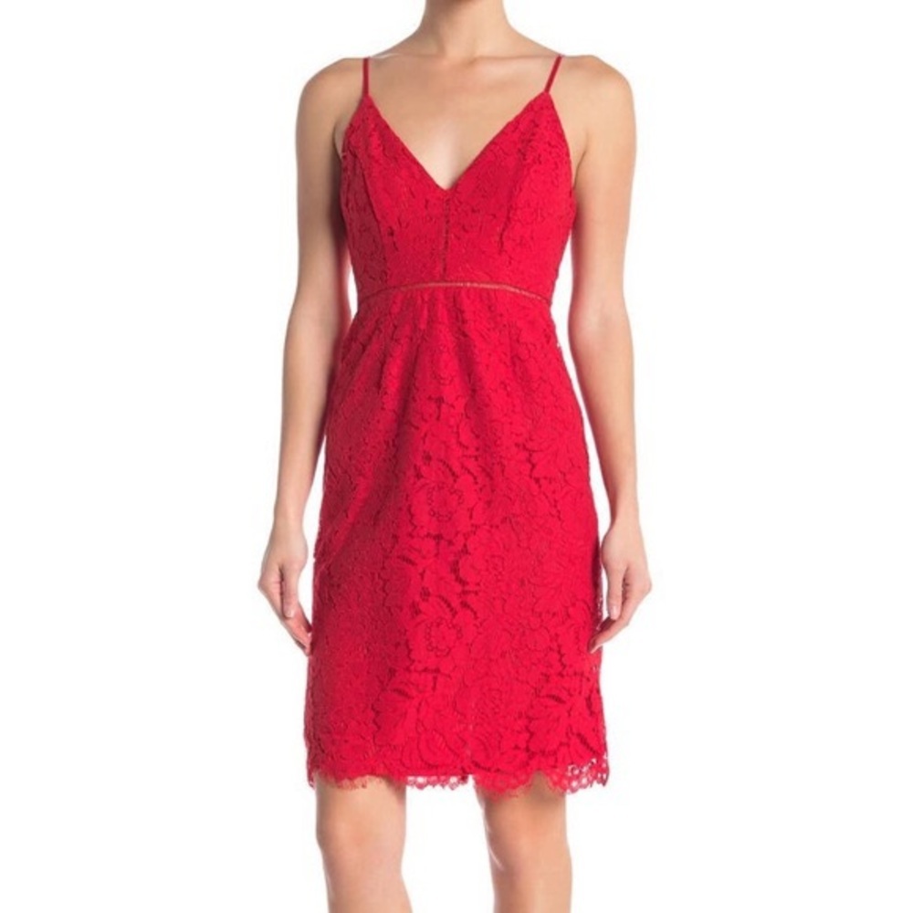 Astr Red/Pink Inset Lace Sheath Dress (XS)